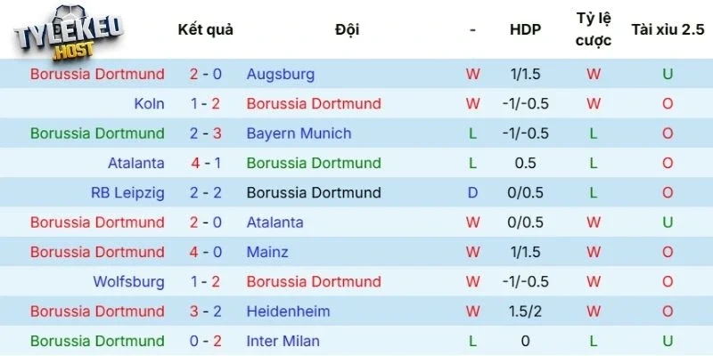Thành tích thi đấu gần đây của Dortmund